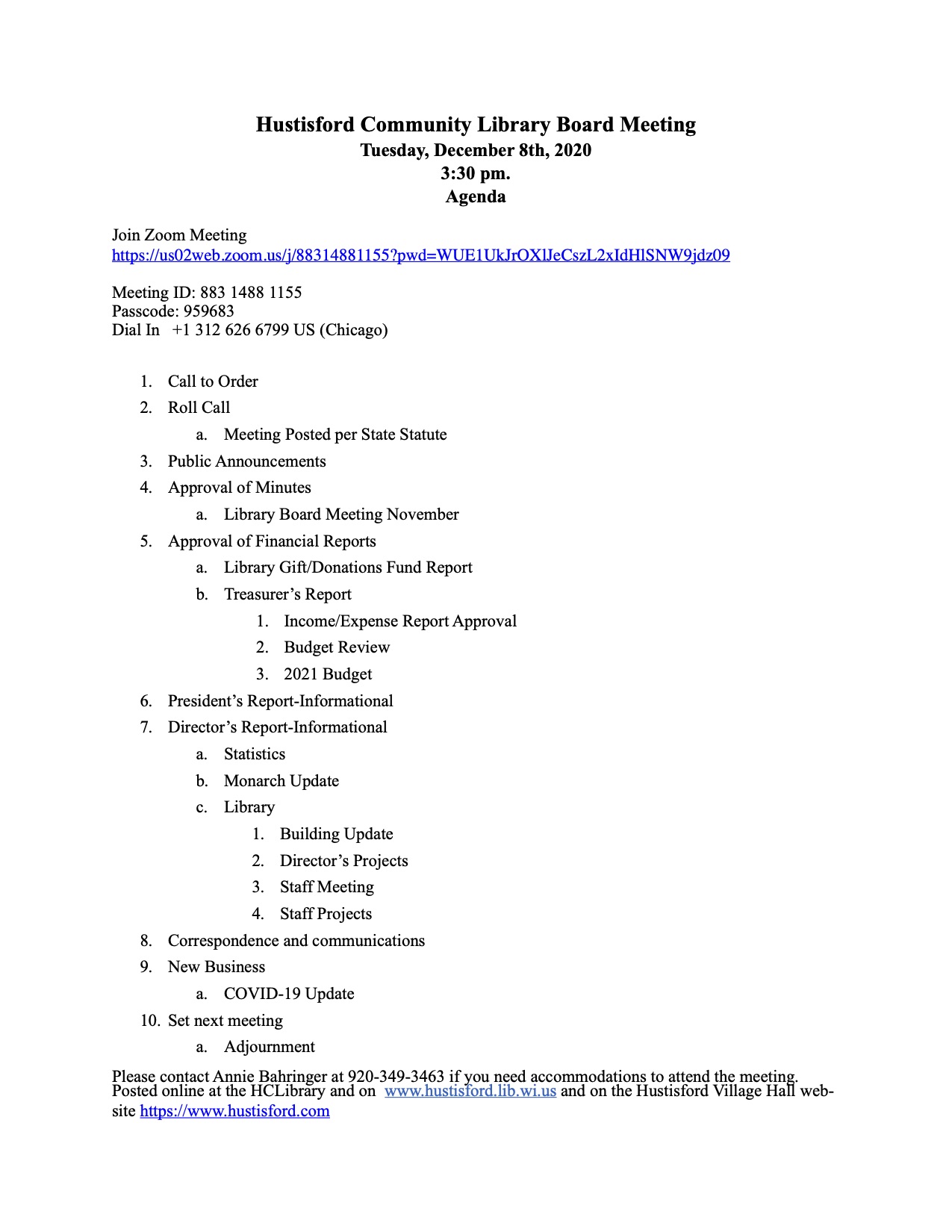 Library Board Agenda Hustisford Community Library